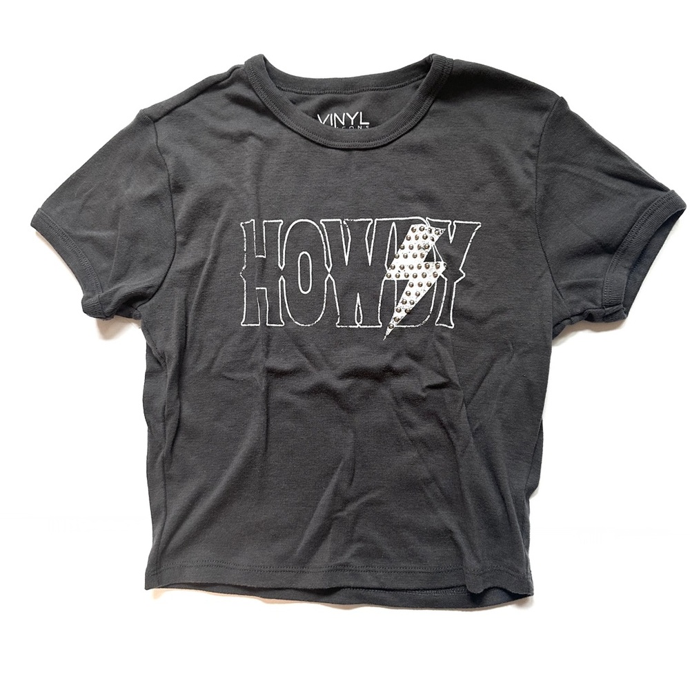 Vinyl Icons- women’s “Howdy” t shirt size small dark gray baby-tee